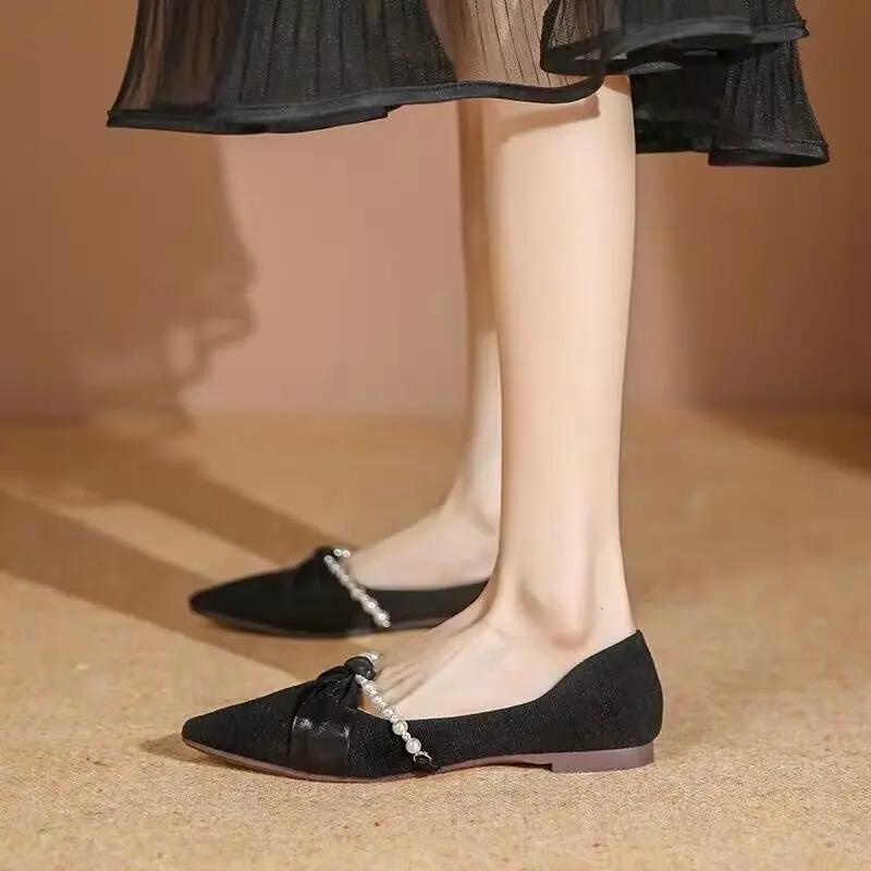 Fashion Satin Women's Flat Shoes Slip-on Pearl Breathable Apricot Casual Low Price 39 Elegant and Fashionable Popular Ladies Footwear