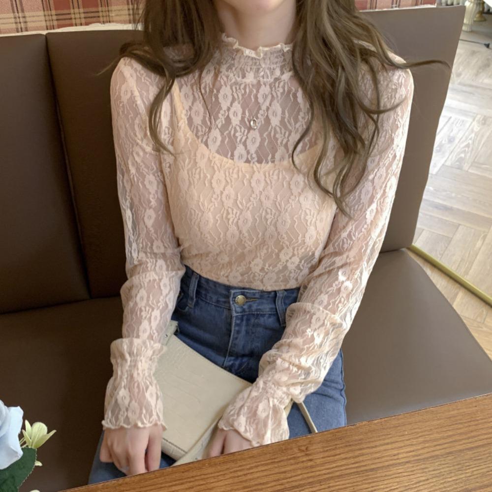 

Dot Lace Flower Top See Through Long Sleeved Mesh T-Shirts Transparent Pullover Top Streetwear