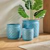3-Piece Ceramic Planter Set (diameter 38.1/30.5/22.9 Cm), Blue with Geometric Patterns, for Orchids, Indoor/Outdoor, Breathable Earthenware.