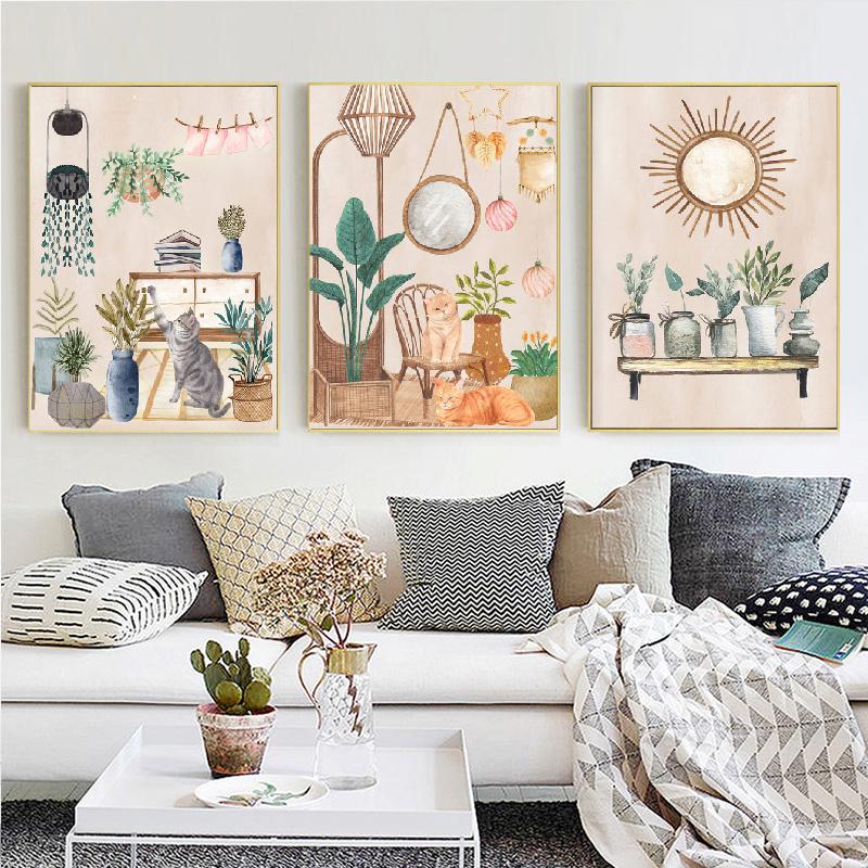 Modern Nordic Boho Monstera Vase Plantain Houseplant Wall Art Canvas Painting Posters And Prints Pictures For Living Room Decor