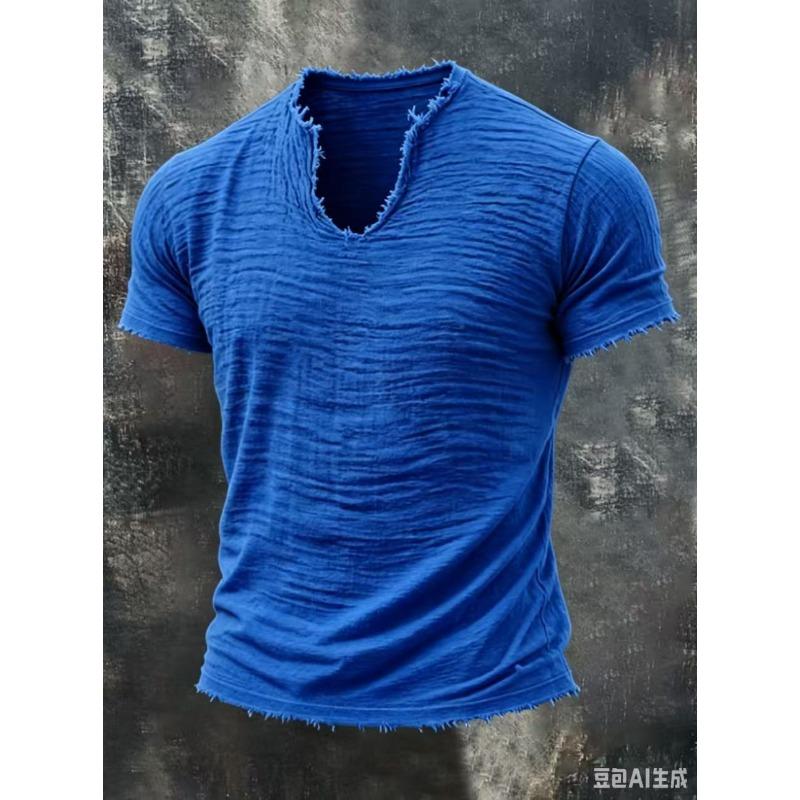 MENFORMAL Heren Khaki Slubtextuur Ruwe Rafelige Rand V-hals T-shirt Verweerd Gerafeld Randje Korte Mouw Casual Vintage Top 4XL koningsblauwe kleur