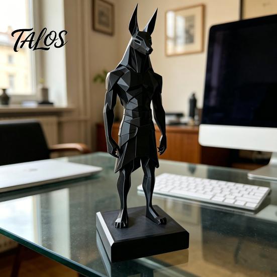 Egyptian God Anubis Decor 3D Printed Statue Desk Sculpture with Stable Square Base Matte Office Ornament Black Minimalist Low-Polygon Design for Home