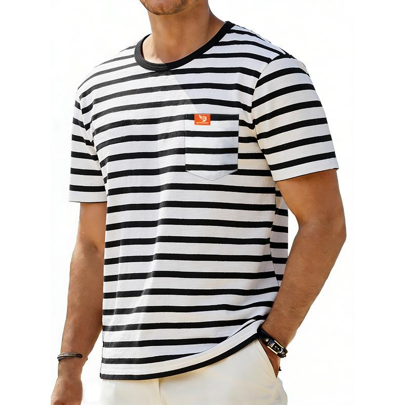 Men’s Summer Striped T-shirt: Loose-fit, Vintage-style, Commuter-friendly, Relaxed, Minimalist, Casual, Round-neck, Short-sleeved Top