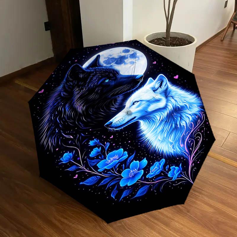 

Blue Moon Wolf Floral Design Automatic Opening/Closing Umbrella with Foldable Design, Iron Frame, Outdoor Use, Festival Gift for Fans, Trave