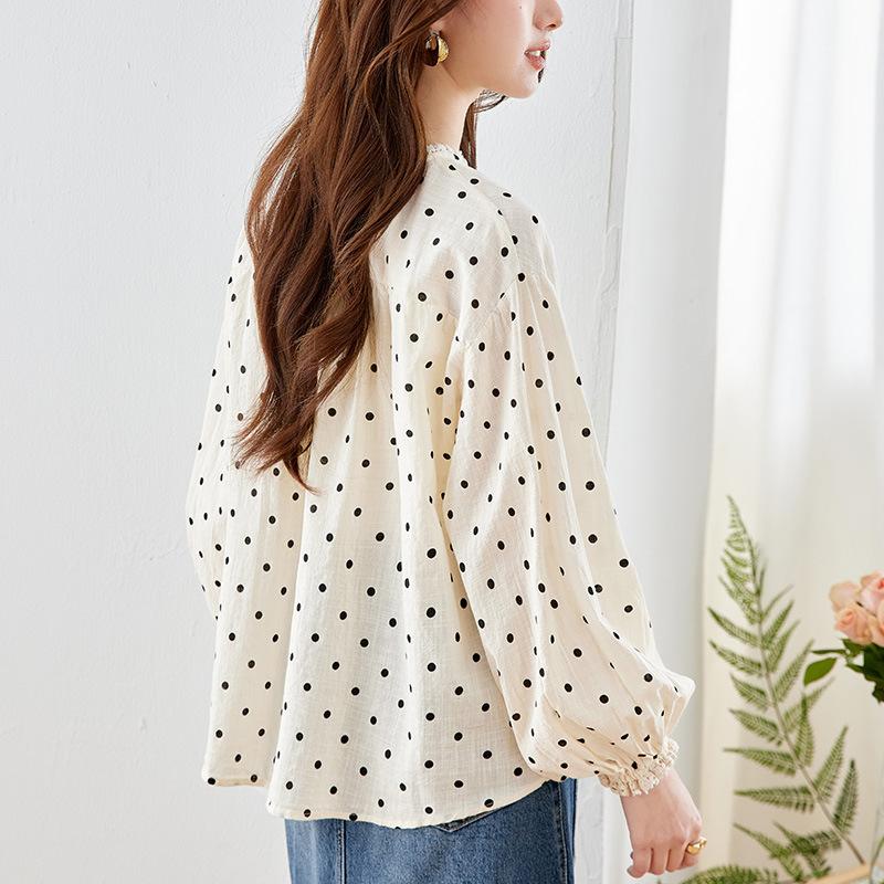 Dámská halenka s kulatým výstřihem a puntíky, dlouhý rukáv, jarní top s nabíranými rukávy, temperamentní dámská halenka z čisté bavlny