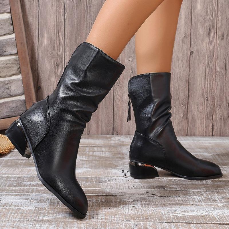 Fashion 2024 Spring and Autumn New Fashion Round Head Solid Color Leather Face Wearing High Heels Fashion Boots Single Boots for Women