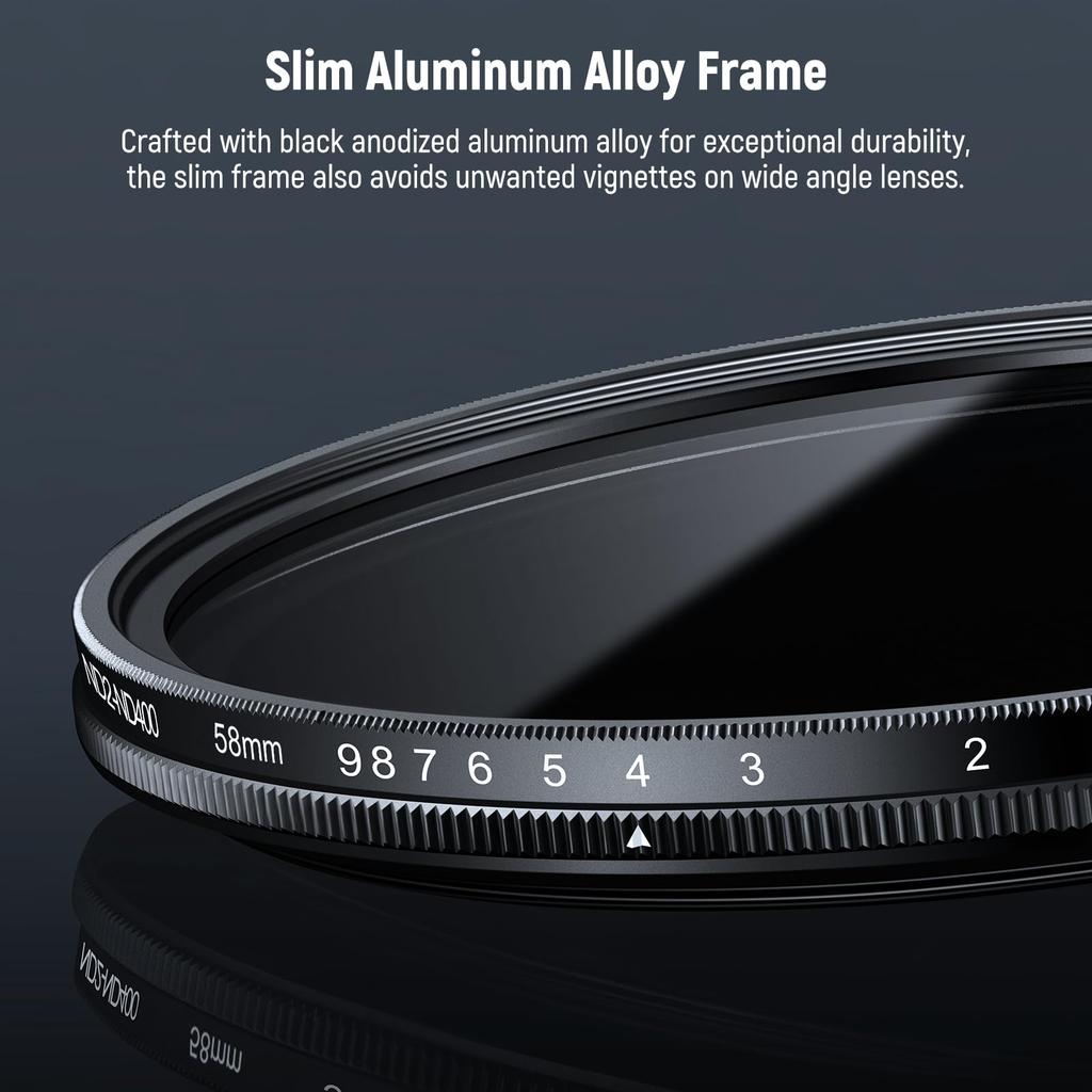 Neewer Basics 58mm Variable ND Filter ND2-400 Camera Lens Filter 1-9 Stop Rotating Dimming Fingerprint-Resistant Ultra-Thin Frame