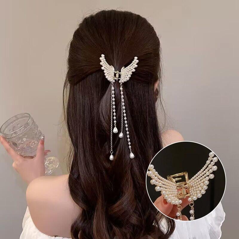Trend Full Rhinestone Hollowed Out Butterfly Hair Clips Retro Pearl Tassel Ribbon Hair Claws Hairpins For Women Hair Accessories