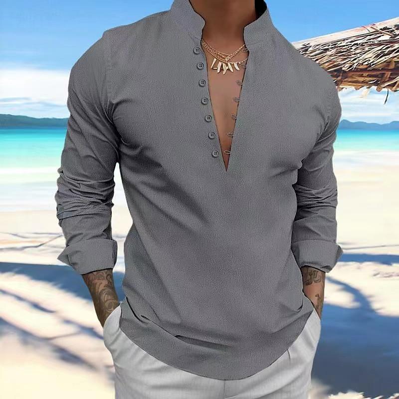 Spring Autumn men's retro cotton linen casual standing collar long sleeved shirt