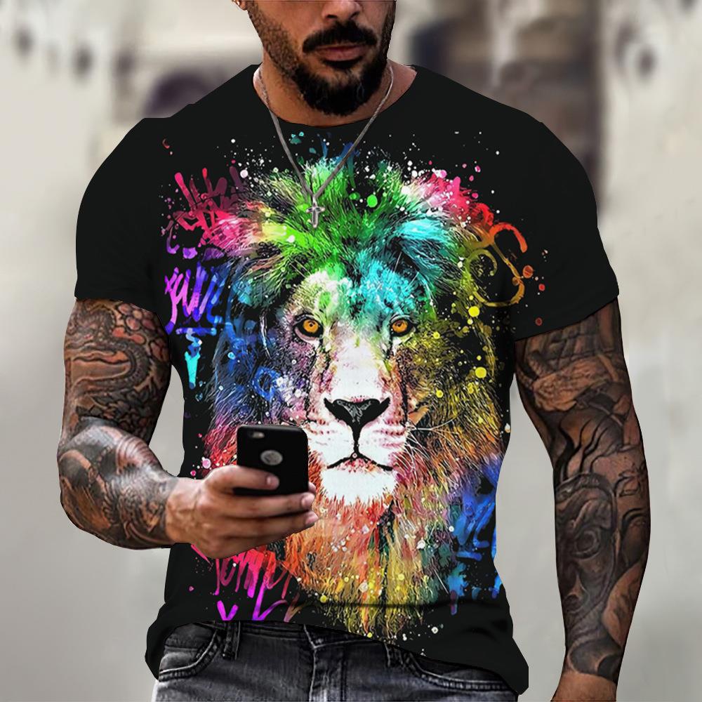 

Street Trend Men s Short Sleeved Round Neck Lion Digital Printed T-shirt Casual Loose and Versatile Top S