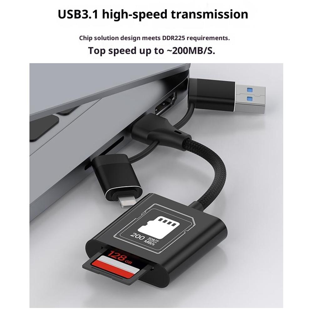 TYS-205 iP/Type-C/USB to SD/TF Card Reader High Speed Dual Slot V30 USB 3.0 Adapter for Data Transfer/Photo Backup Compatible with iOS/Android/MAC