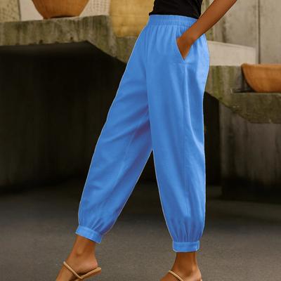 Women Casual Pants Elastic Mid-rise Wide Leg Ankle-Tied Design Long Trousers with Pockets Pure Color Ankle Pants