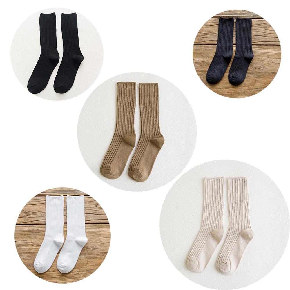 5 Pairs Solid Ribbed Crew Socks Women Mixed Color 4 Seasons Fit Loose Socks Set Daily Basic Sox