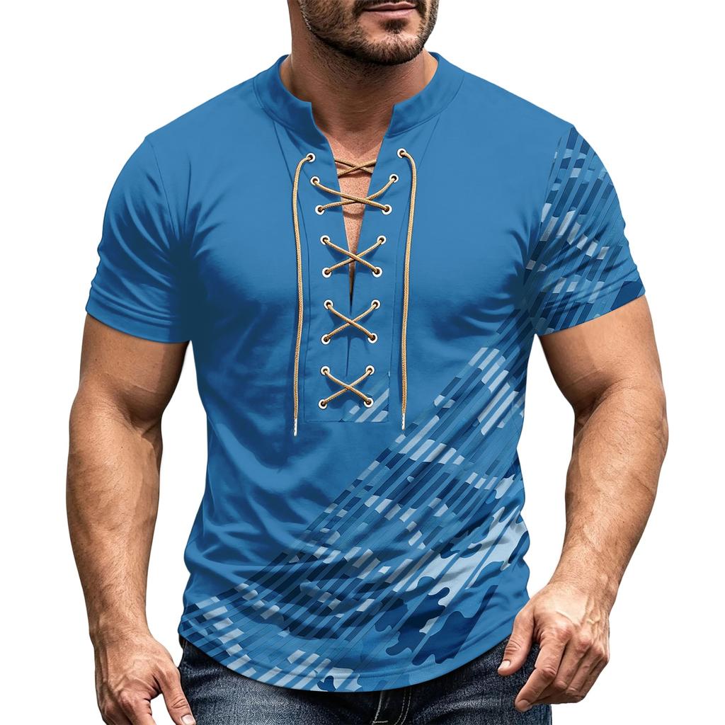 Herren Sommer Retro V-Ausschnitt Hemd Kurzarm Lässig Farbe Oberteil