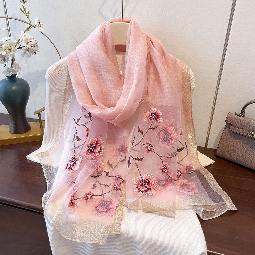 Nuovo Sciarpa Estiva Sottile in Seta di Gelso Ricamata con Peonie Seta Sciarpa Ricamata in Seta Lana per Donna Scialle di Alta Gamma