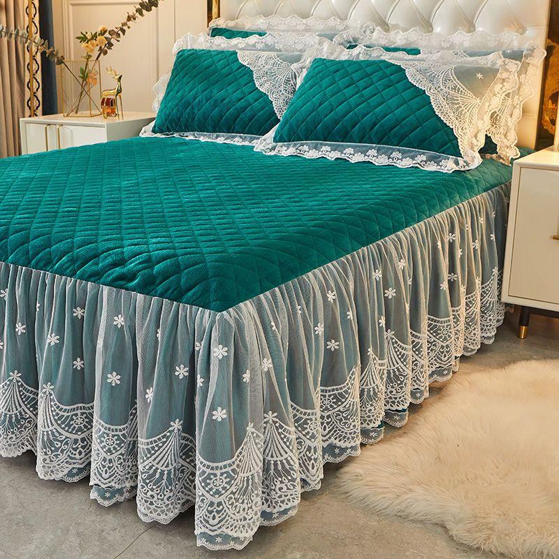 3ks Zesílená podzimní a zimní krajková volánová sukně na postel, Sametová krajková přehoz na postel, Měkká a pohodlná, Ložní prádlo do ložnice a pokoje pro hosty
