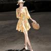 Lanseer Elegant Chiffon Printed Waist-Tie Short Dress