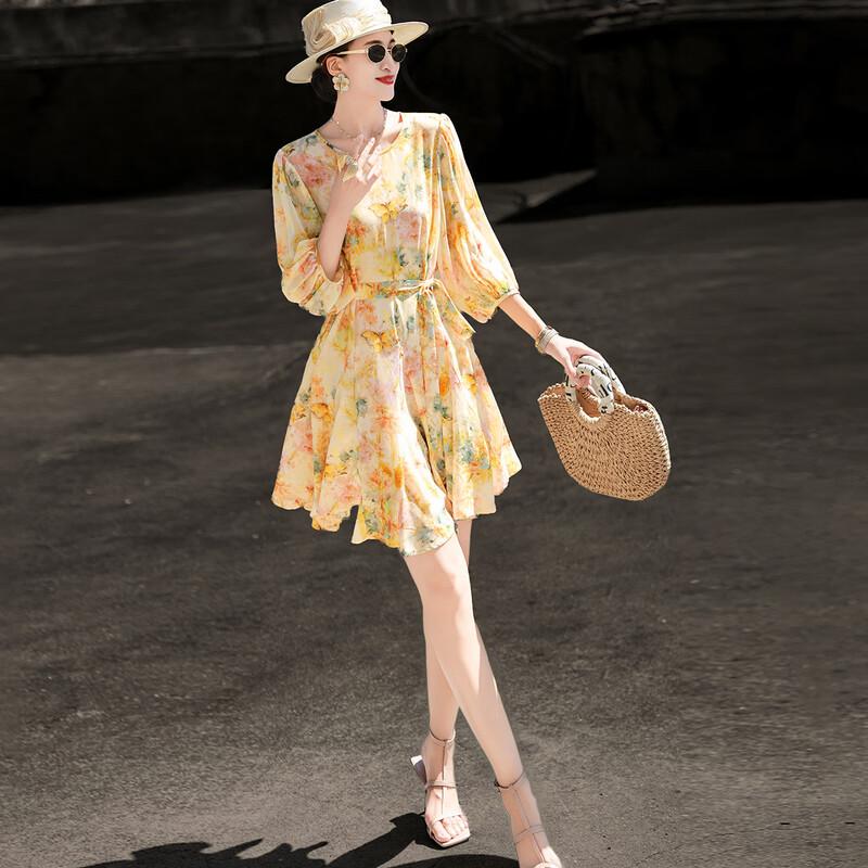 Lanseer Elegant Chiffon Printed Waist-Tie Short Dress