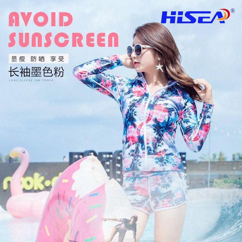 Womens UV Protection Rash Guard Set Long Sleeve Zipper Top Shorts Quick Dry Swim Snorkeling Suit
