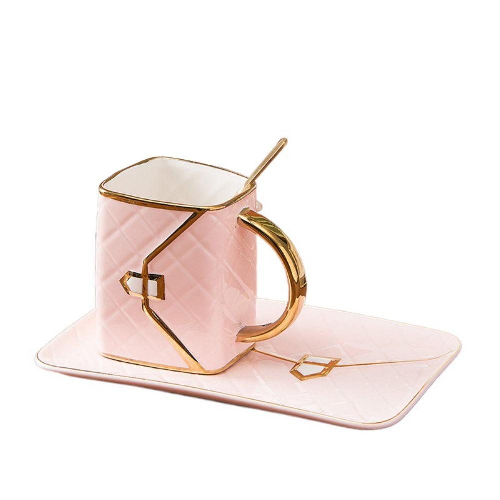 

with Spoon Handbag Coffee Mug Large Capacity Women Drinkware Set Ceramic Mug Set Birthday Gift рожевий