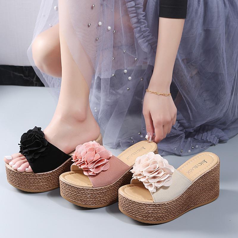 Fashion 2025 Wedges Sandals Women Slippers Summer Beach Platform Shoes Flower Round Headed Solid Color Women High Heel Slippers