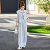 Fashion Casual Suit Women's Summer New Temperament Short-sleeved Shirt Suspender T-shirt Wide-leg Pants Three-piece Set