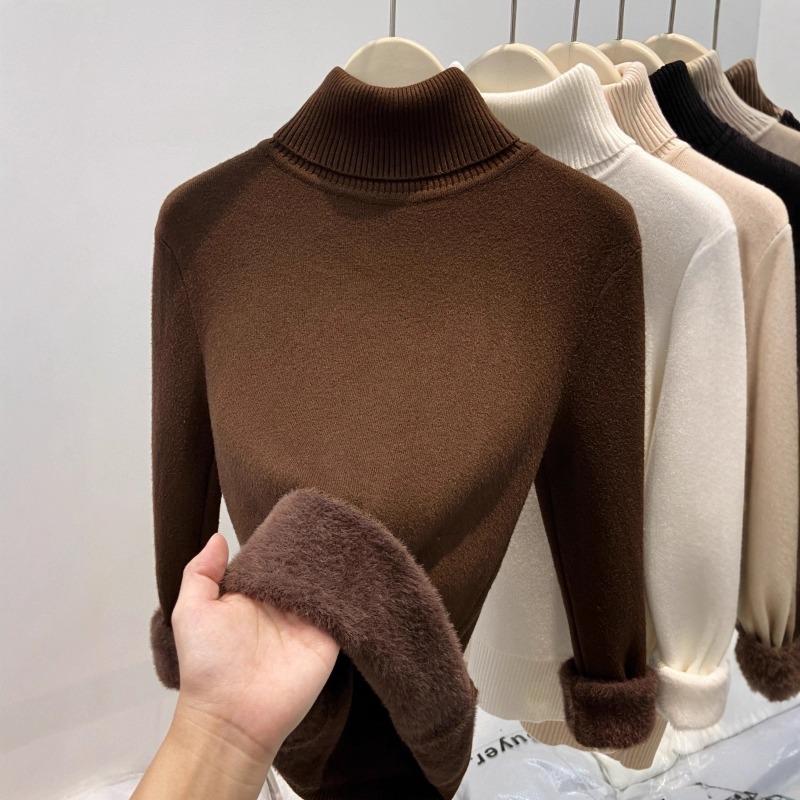Autumn and winter new semi-turtleneck fleece sweater bottoming shirt women's integrated fleece thickened, warm and slim, knitted inside