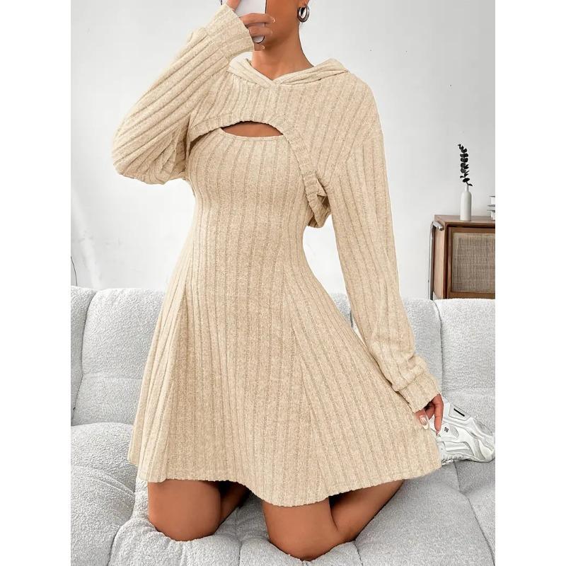 Damski Modny Casualowy Jednokolorowy Krótki Top z Kapturem z Długim Rękawem + Zestaw Sukienki bez Rękawów