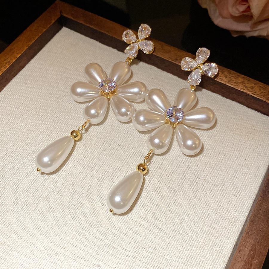 Silver Needle Zircon Pearl Flower Water Drop Pendant Earrings New Popular Earrings Light Luxury Premium Earrings Women
