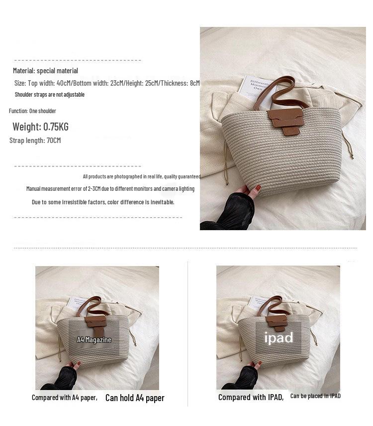 Plážová taška ve stylu Korean s velkou kapacitou a slámou - Všestranná pletená taška pro ženy