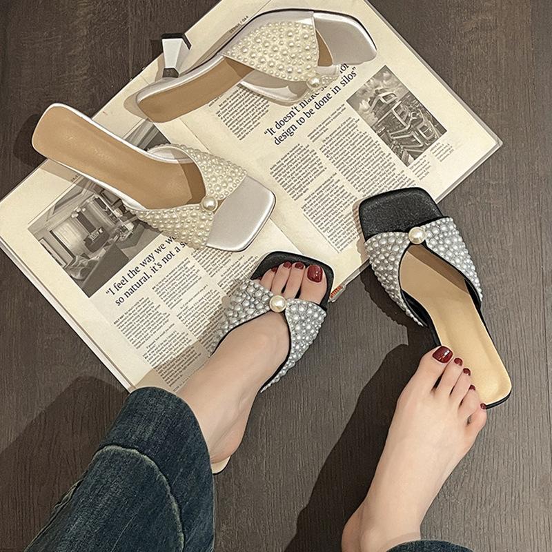 Gentle Pearl Flat Bottom Soft Bottom Lazy Cool Slippers Women's Summer New Versatile Half Drag