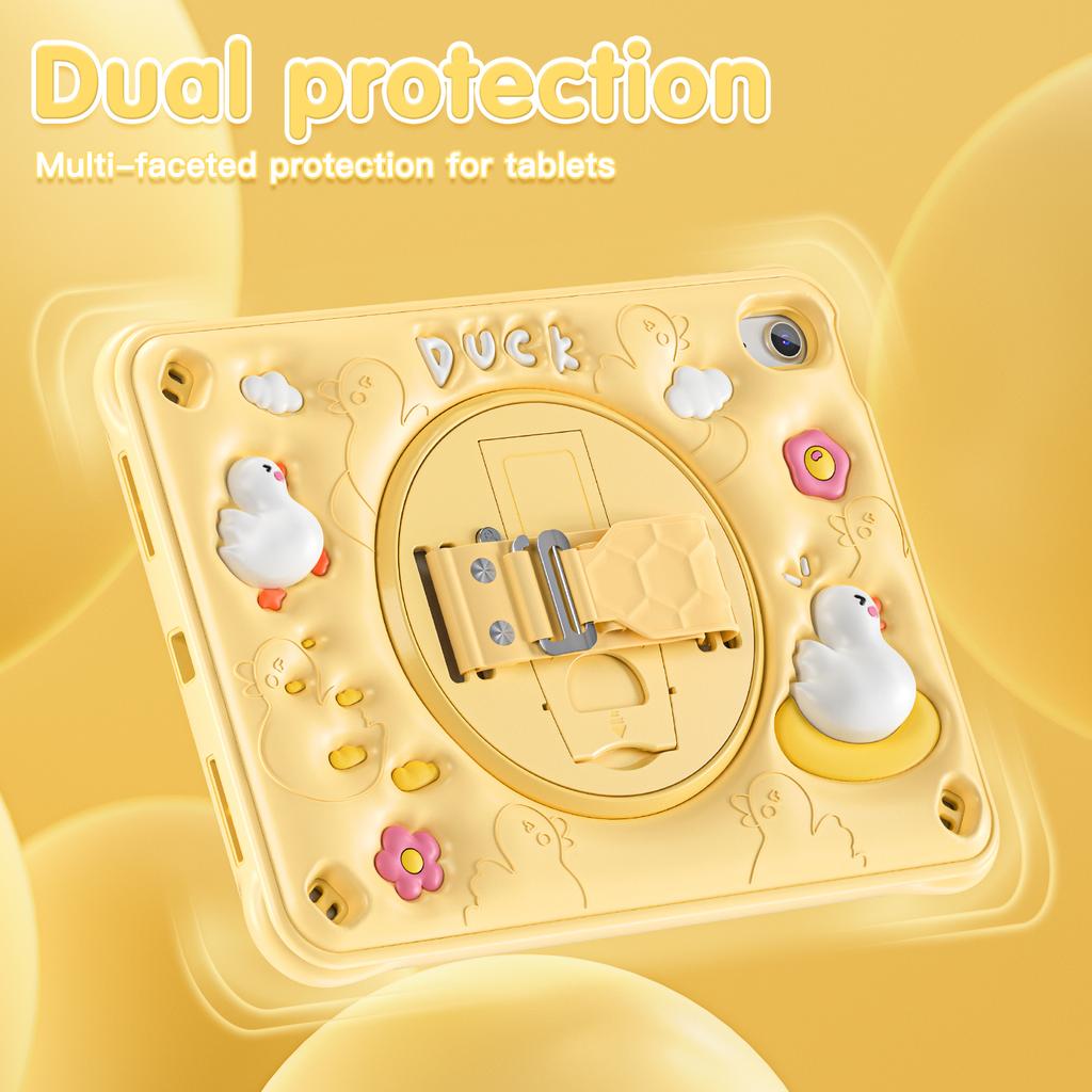 For iPad (2025)/10.9 (2022) Case Duck Pattern Hand Strap Kickstand PC+Silicone+TPU Tablet Cover