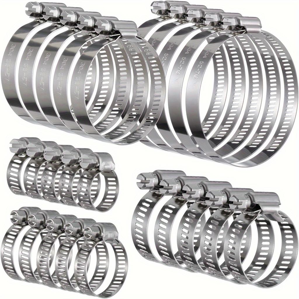 25-piece stainless steel water pipe clamp set, 1/4" to 1-1/8" T-bolt, worm gear design, suitable for pipe and automotive metal ring fastening