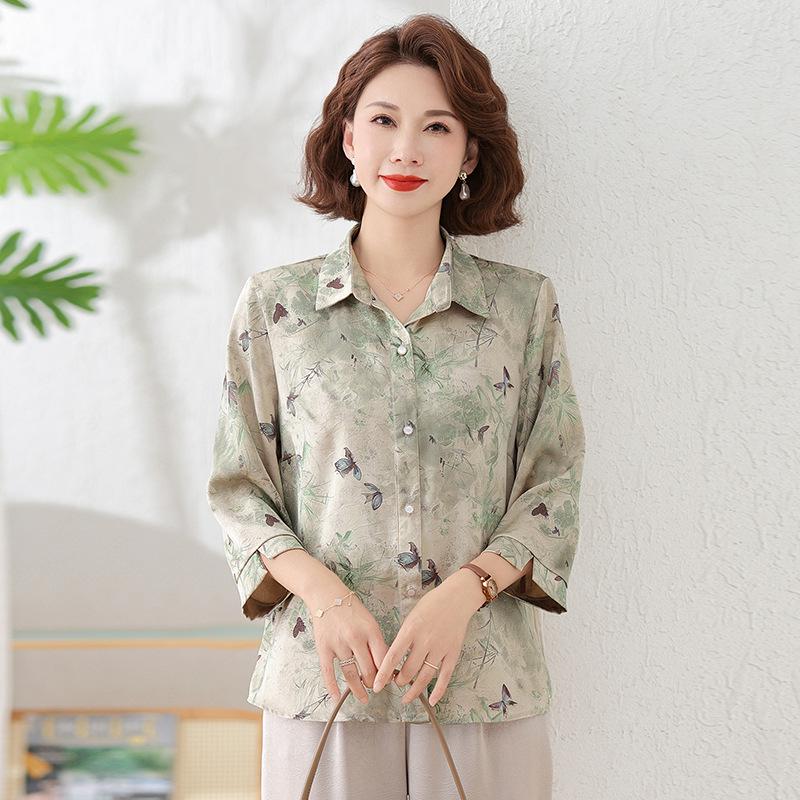 2026 Chic Printed Shirt for Moms: Loose, Nine-Point Sleeve, Spring/Autumn Fashion for Middle-Aged and Elderly Women