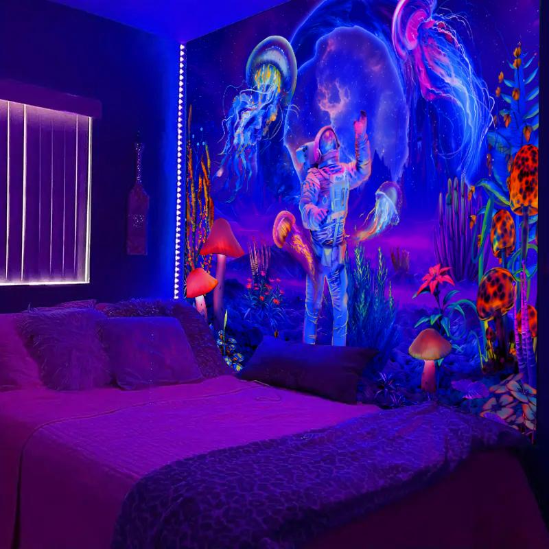 1pc Astronaut UV Reaction Tapestry, Spacecraft Jellyfish Mushroom Fantasy Tapestry