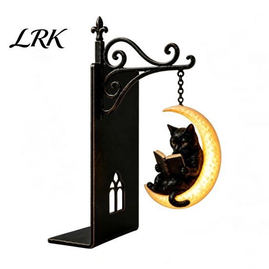 Fermalibri Decorativi in Metallo per Scaffali Gotici con Luce Sospesa, Gatto Corvo Fantasma Luna Nera Supporto per Libri Lampada per Libreria, Fermalibri Finestra di Chiesa Vintage