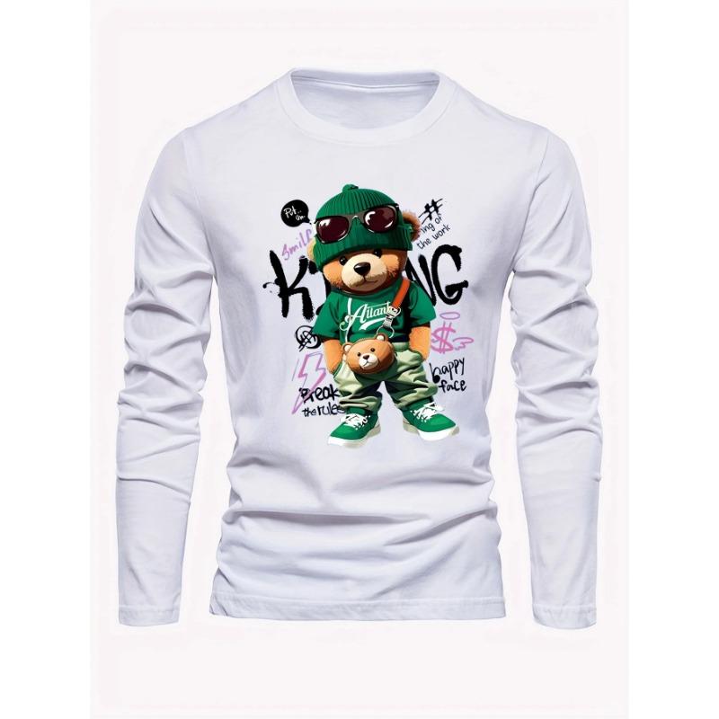 Men's loose and comfortable sports casual fashion cartoon bear print round neck long sleeved T-shirt top