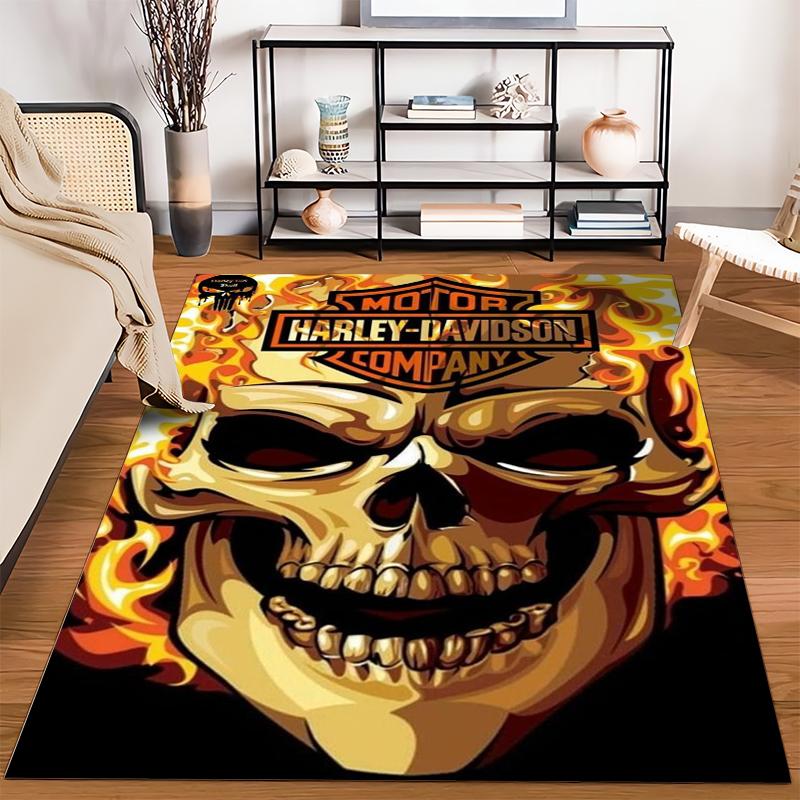 "Flaming Skull Harley-Davidson Style Rug with Vibrant Design" Suitable for use as an anti-slip for living room bedroom sofas