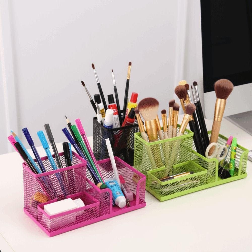 3/4 Grid Metal Mesh Pen Holder Large Capacity Makeup Brush Storage Bucket Bedroom Decoration