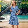Damen Sommerkleider 2024 Blumenmuster Flügelärmel Wickelkleid V-Ausschnitt Rüschen A-Linie Sonnenkleid
