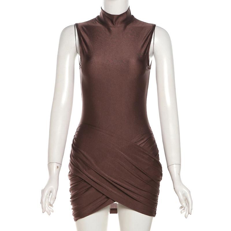 Fashion Elegant Half High Neck Sleeveless Dress New Solid Color Pleated Hip Casual Party Short Dress Female Simple Women's Clothing 3058
