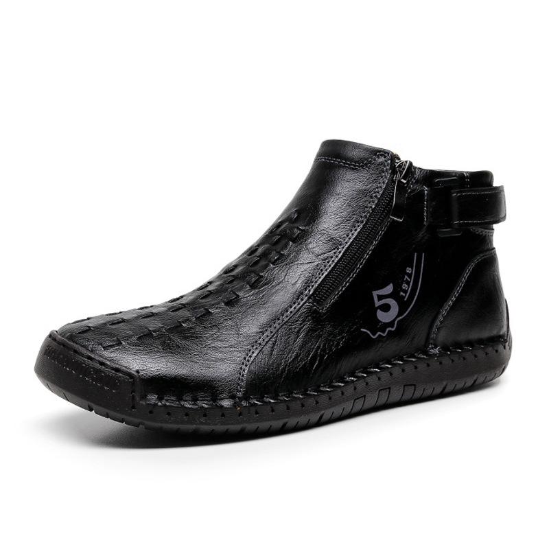 Men's Leather Side-Zip Martin Boots - Large Size, Spring/Autumn, Hand-Stitched, Outdoor Casual, Mid-Top Shoes