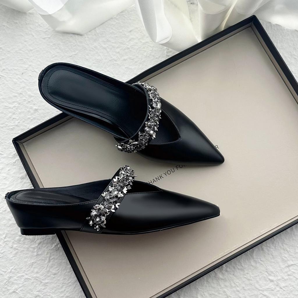 Sheepskin Version~ Zhao Ruth's Same One-word with Rhinestone Bag Head Slippers Women's Retro Summer Thick-bottomed Pointed Half Slippers