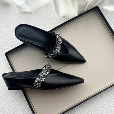 Sheepskin Version~ Zhao Ruth's Same One-word with Rhinestone Bag Head Slippers Women's Retro Summer Thick-bottomed Pointed Half Slippers