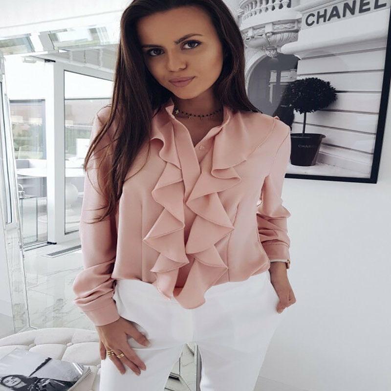 Elegant Womens Ruffle Summer Long Sleeve Solid Plain Blouse Shirt For Office Wear
