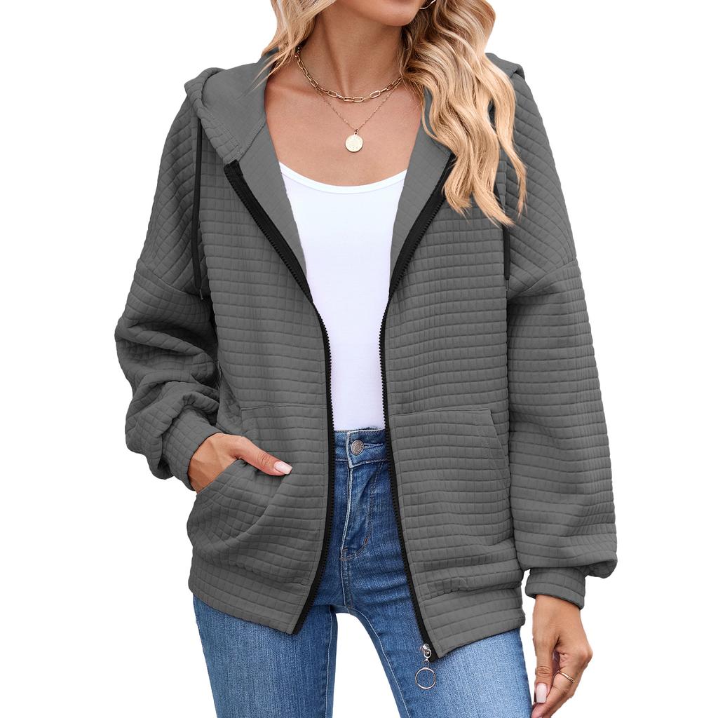 European and American-style Women's Solid Color Zip-up Long-sleeve Hooded Sweatshirt/jacket for Fall and Winter