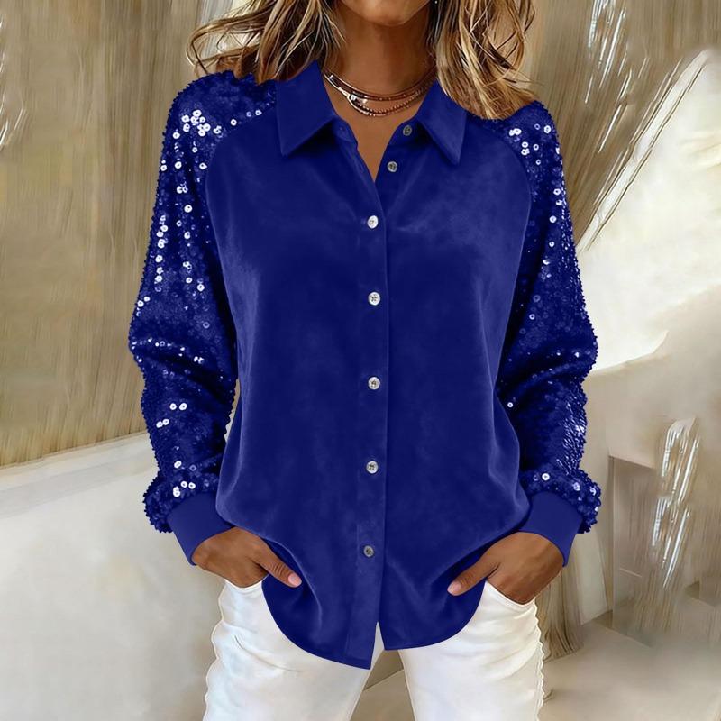 Chemise à Boutons Manches Longues Col Pointu Patchwork Velours et Paillettes pour Femme