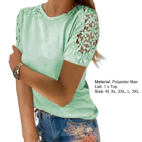 Crew Neck Solid Color Loose Fit Women T-shirt Hollow Lace Patchwork