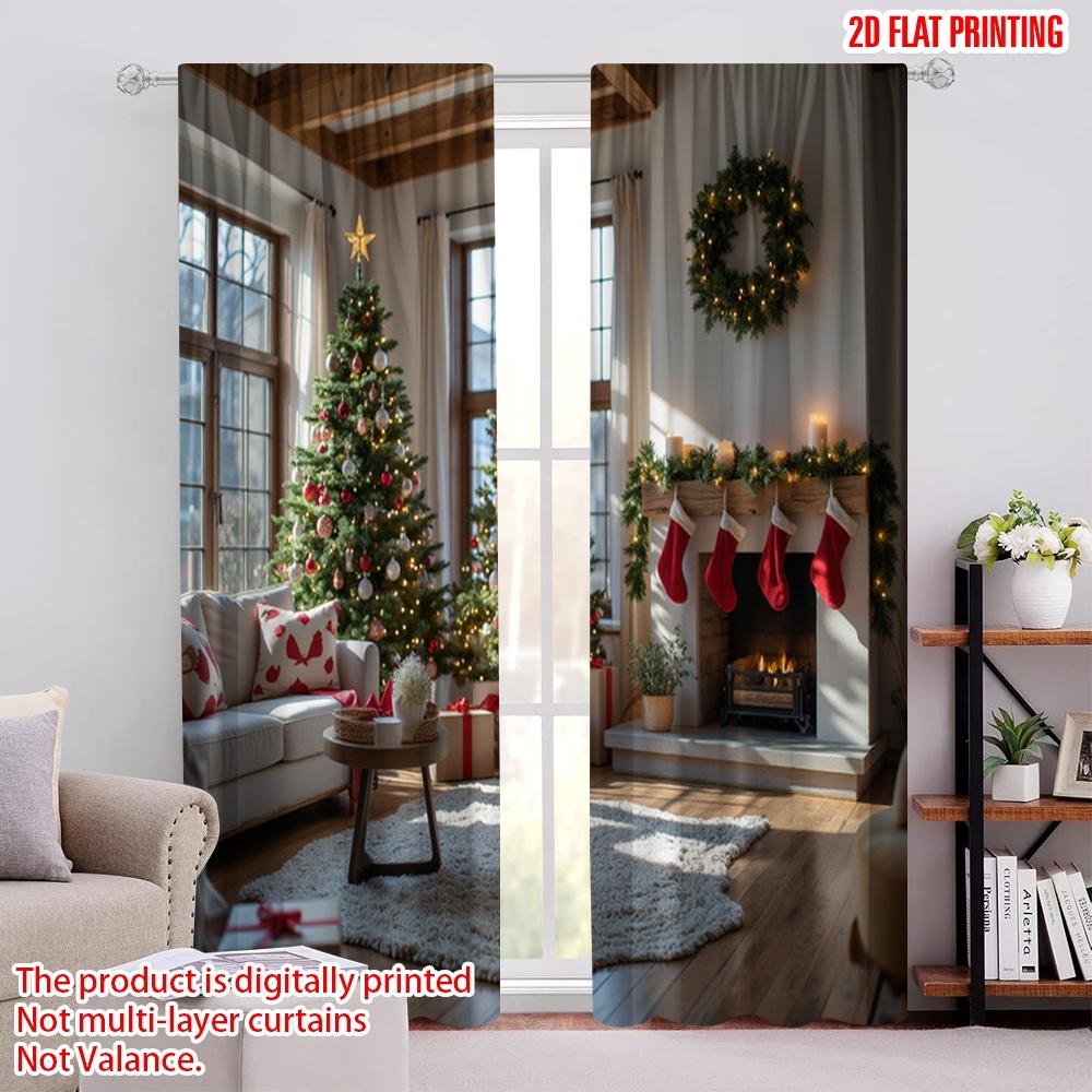 

Flat Printing Merry Christmas Curtains Farm Style Scene Polyester Without Electricity Curtain Set Of 2 Made Washable W100*H70(CM)-Grommet top&1PCS