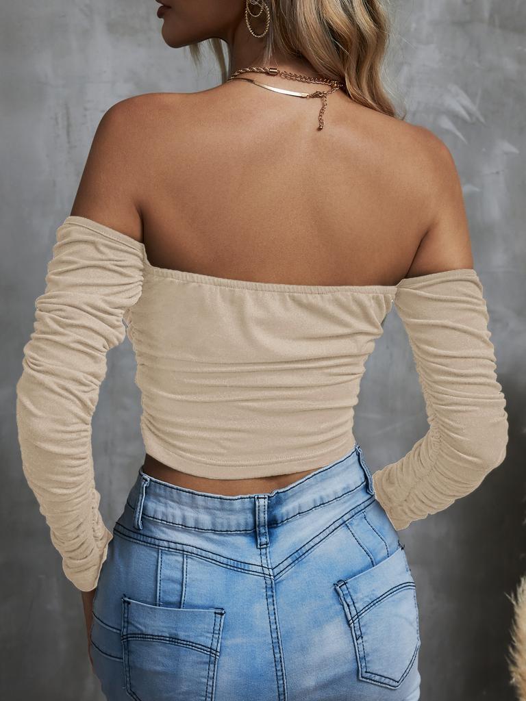 Vintage Mono-Kragen trägerloses Langarm-Top rückenfreies T-Shirt schulterfreie Damen-Y2K-Kleidung